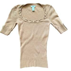 Vintage Cache Y2K Braid Collar 3/4 Sleeve Rib Knit Tan Sweater Minimalist